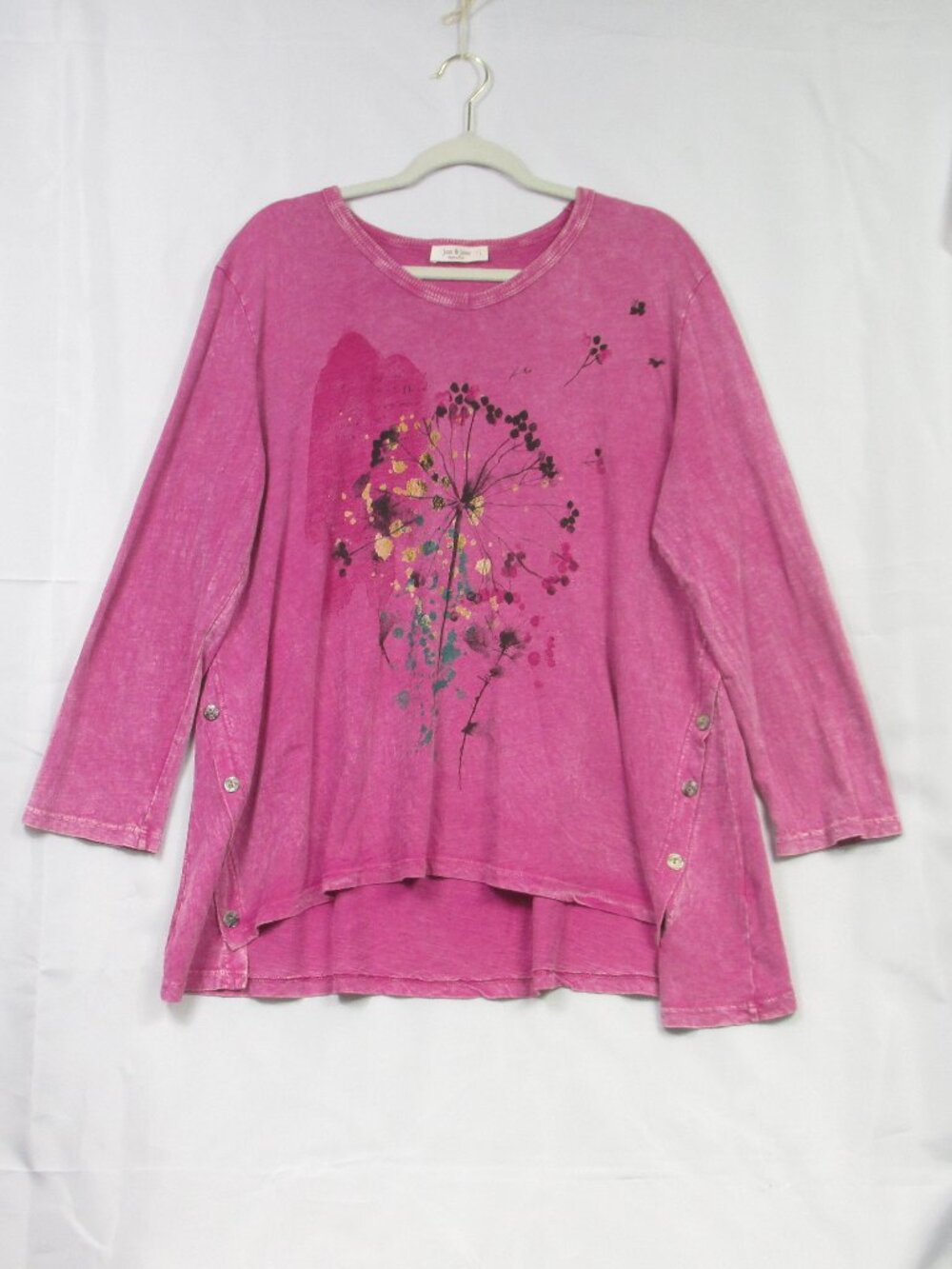 Jess & Jane Pink Floral Dandelion Cotton Top Tunic  Mineral Wash Artsy USA Sz L